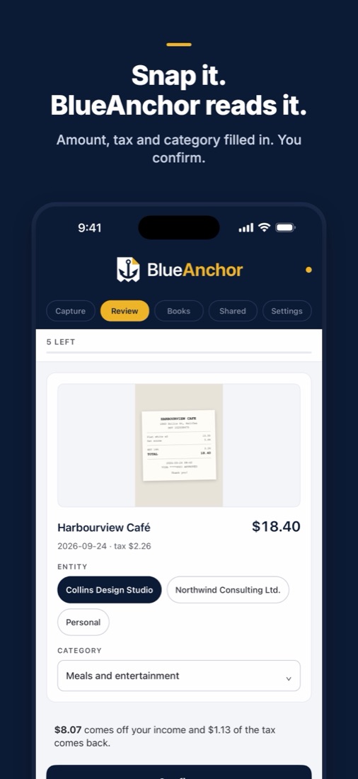 BlueAnchor on iPhone: a café receipt read, with the amount, tax and category filled in and the business chosen.