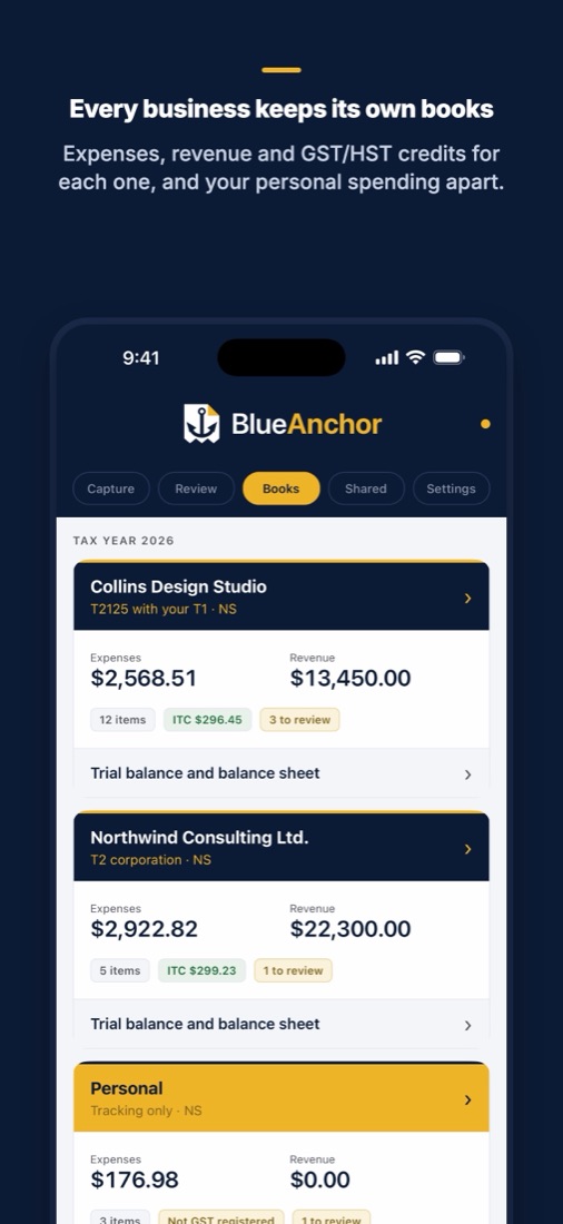 BlueAnchor on iPhone: a sole proprietorship, a corporation and personal spending, each with its own books and GST/HST credits.
