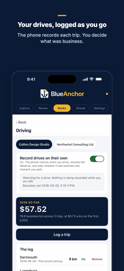 Your drives, logged as you go: the phone records each trip and you decide what was business.