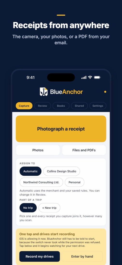 Receipts from anywhere: the camera, your photos, or a PDF from your email.